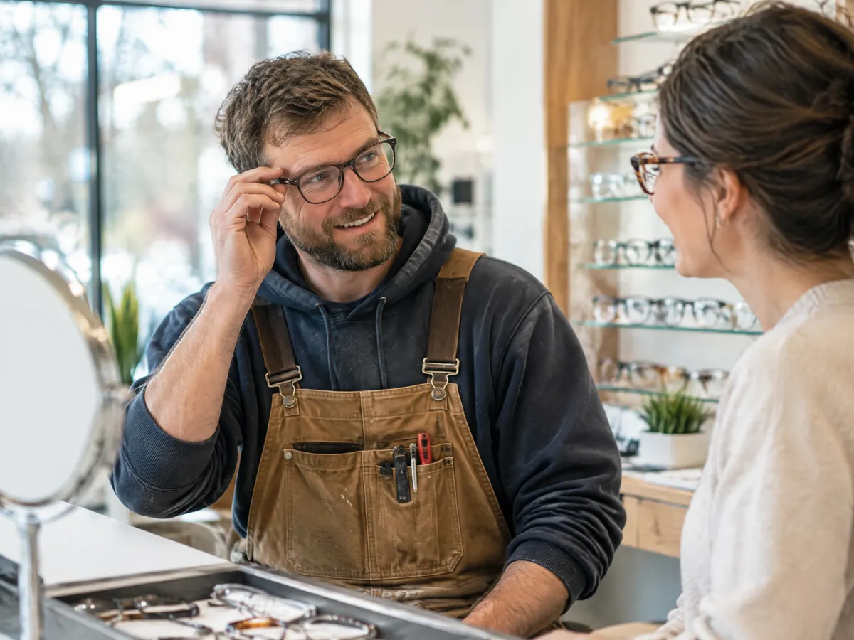 A tradesman in work clothes chats with an optician while trying on a new pair of glasses in a bright, modern eyewear shop.