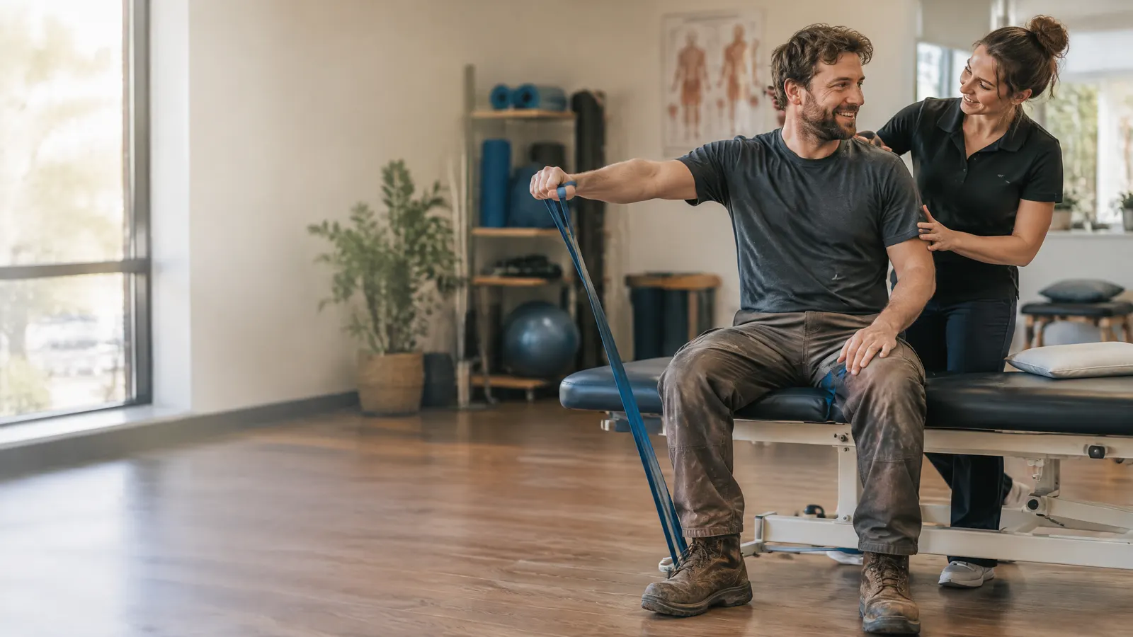 A framer in his thirties at a physiotherapy clinic after work, doing a shoulder exercise with a smiling physiotherapist, work boots on.
