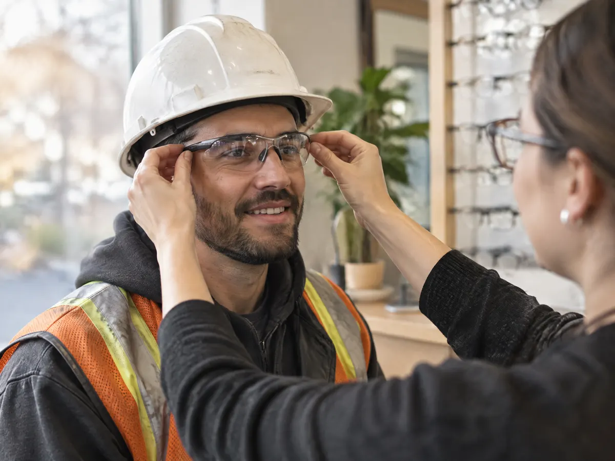 A construction worker in a hard hat getting new safety glasses fitted at an optical shop.