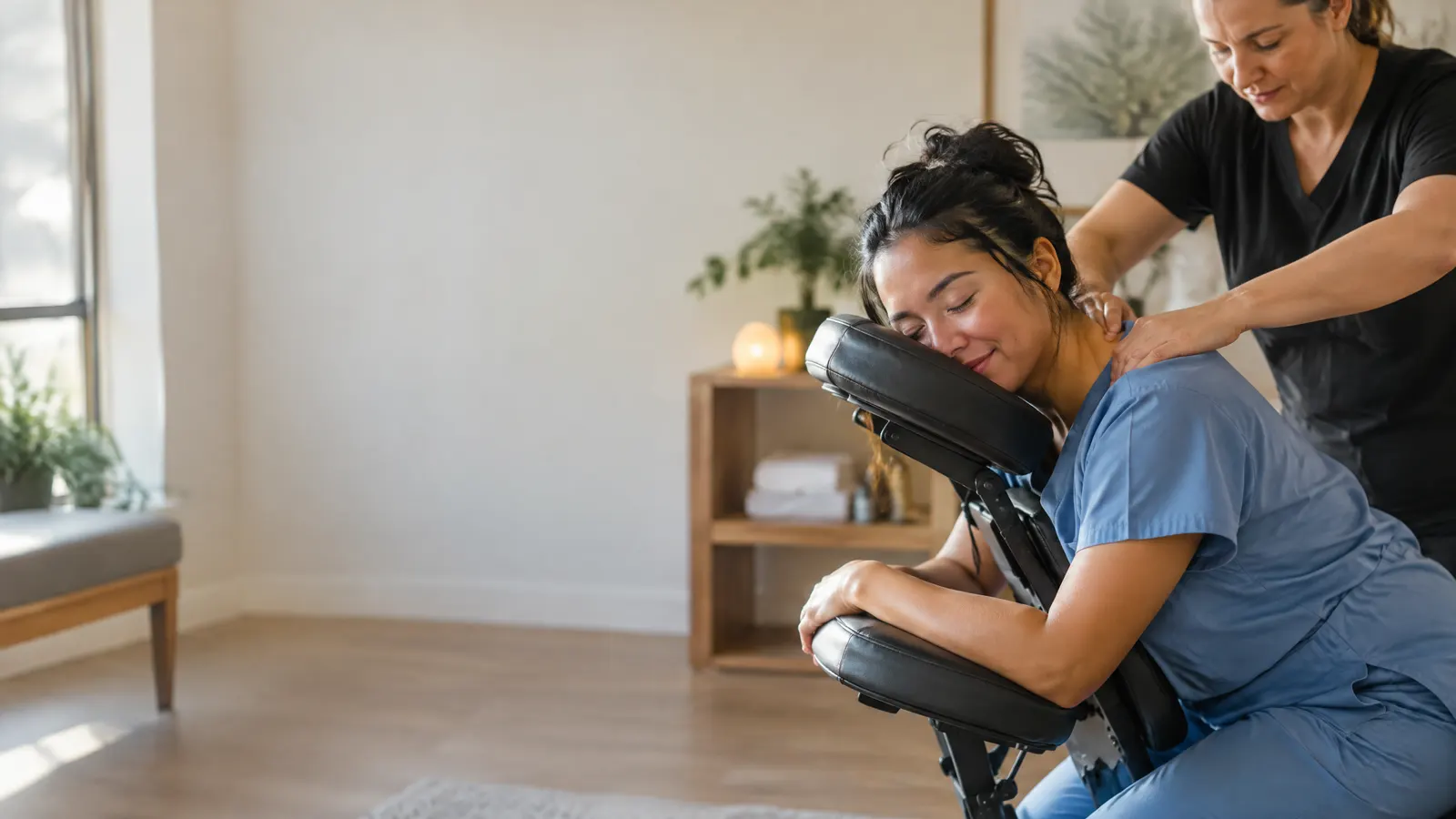 A dental assistant in scrubs getting a massage at a wellness clinic, relaxed.