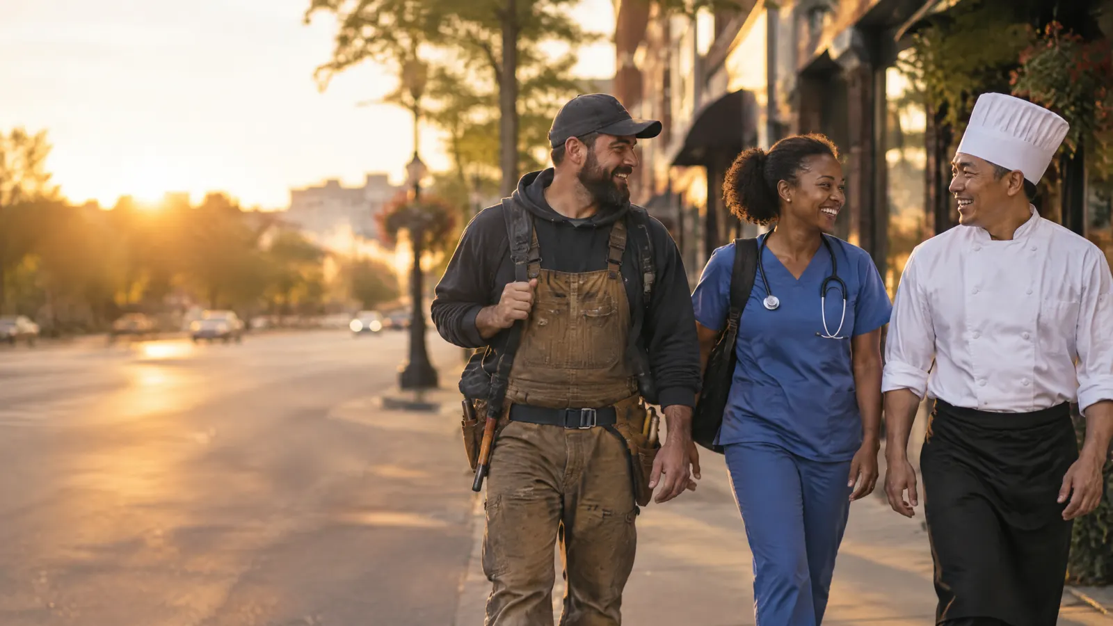 A tradesperson, a nurse and a chef walking together down a main street at golden hour, friendly and diverse.