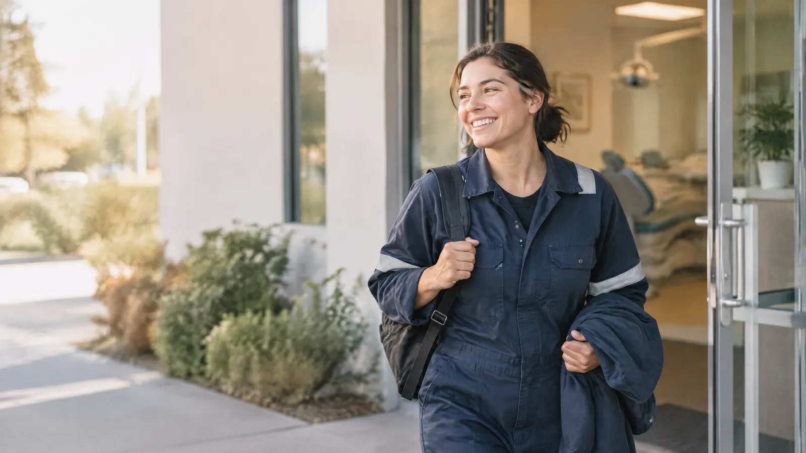 A manufacturing worker in a plant uniform walking out of a dental office smiling.