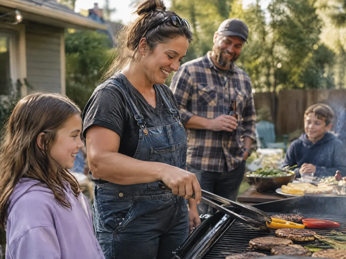 A machinist and her family at a weekend barbecue.