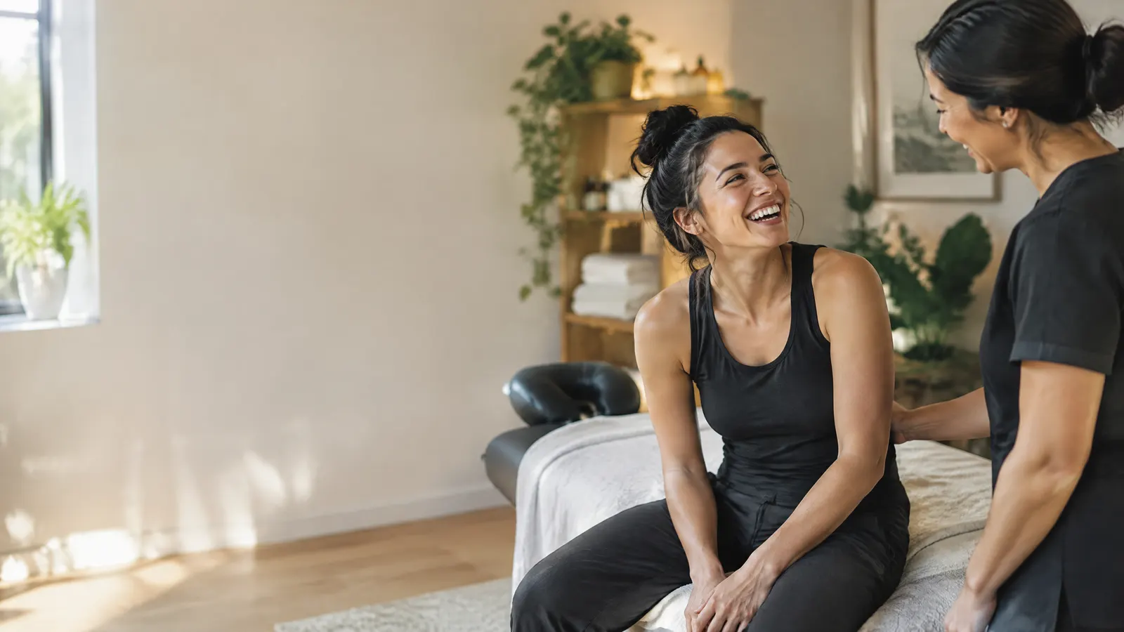 A designer at a massage clinic sitting up and laughing with the therapist after a session.