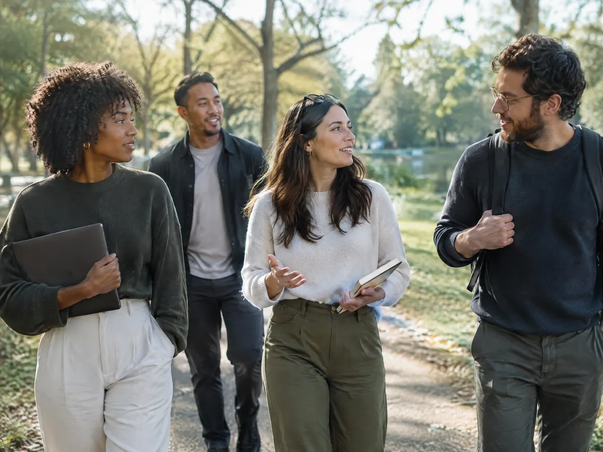 A creative team doing a walking meeting through a park.