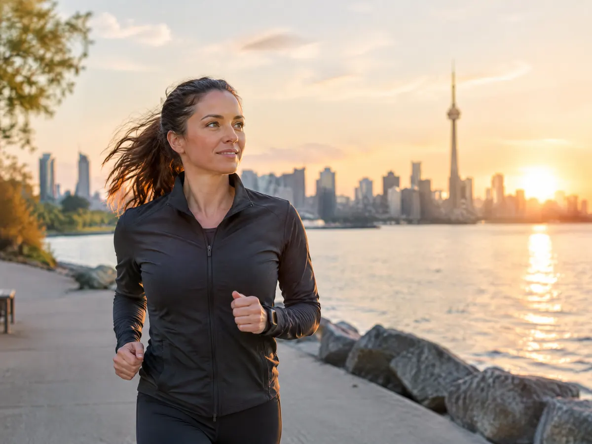 A lawyer jogging along the waterfront at sunrise.