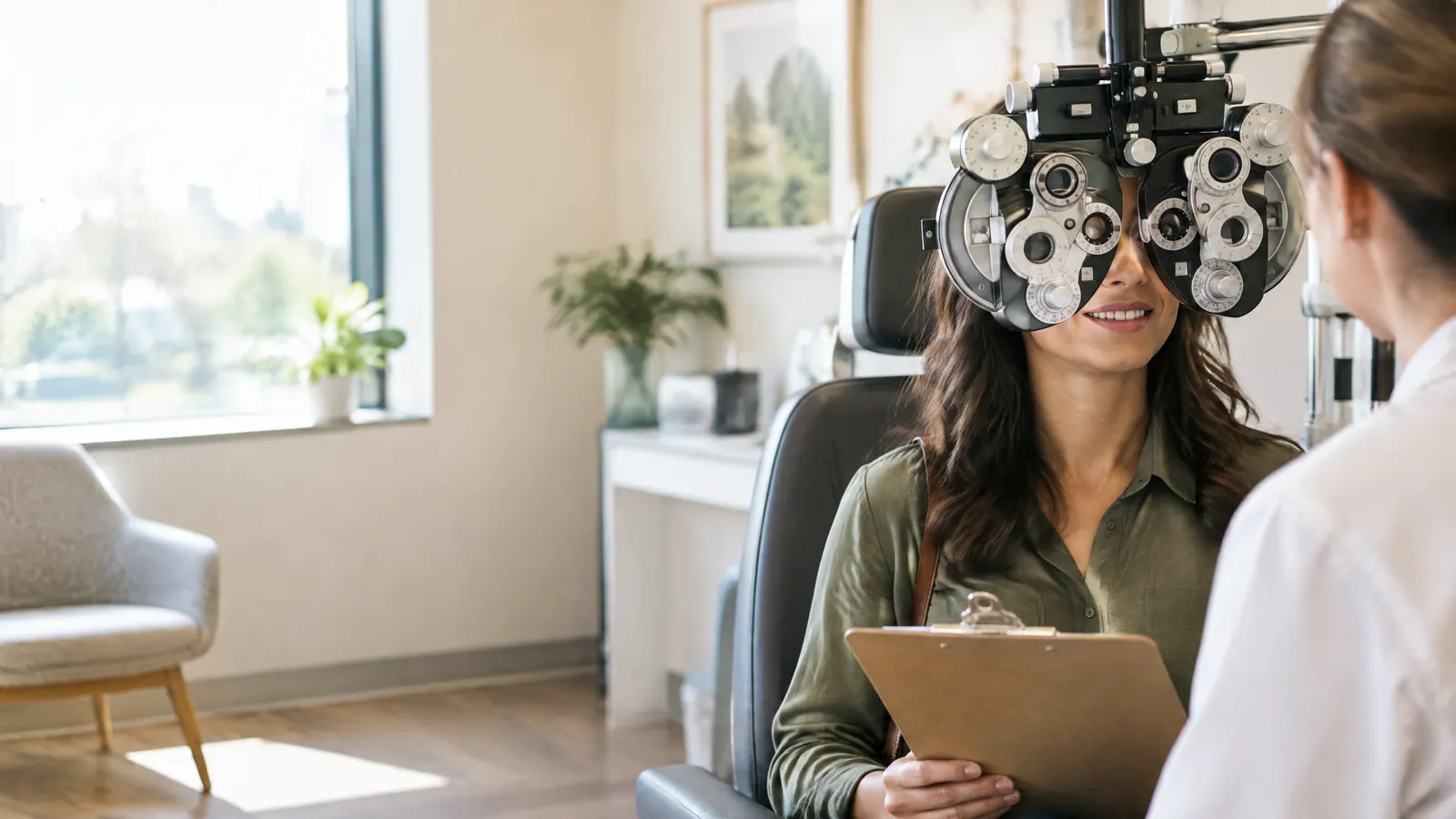 A property manager with a clipboard getting an eye exam at a bright optometry clinic.