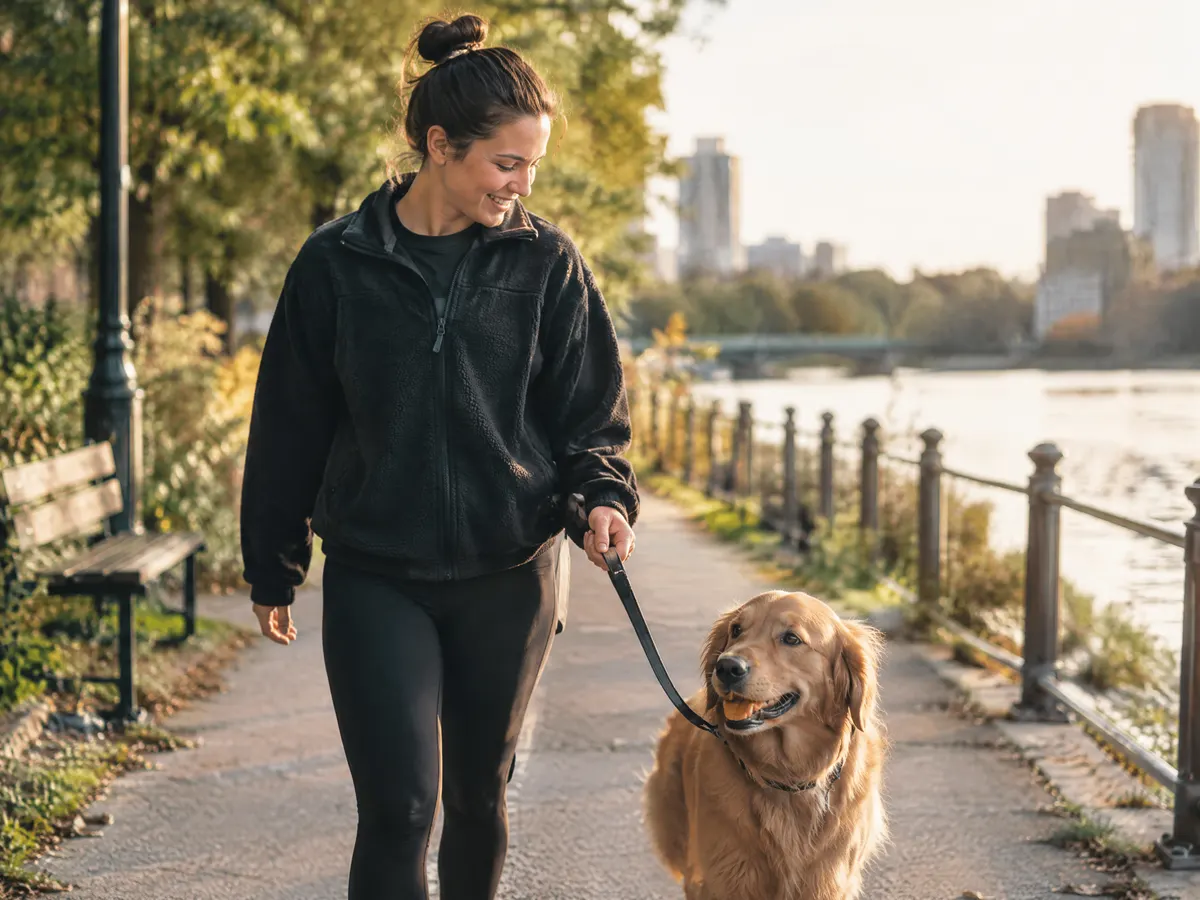 A store manager walking her dog on her day off.