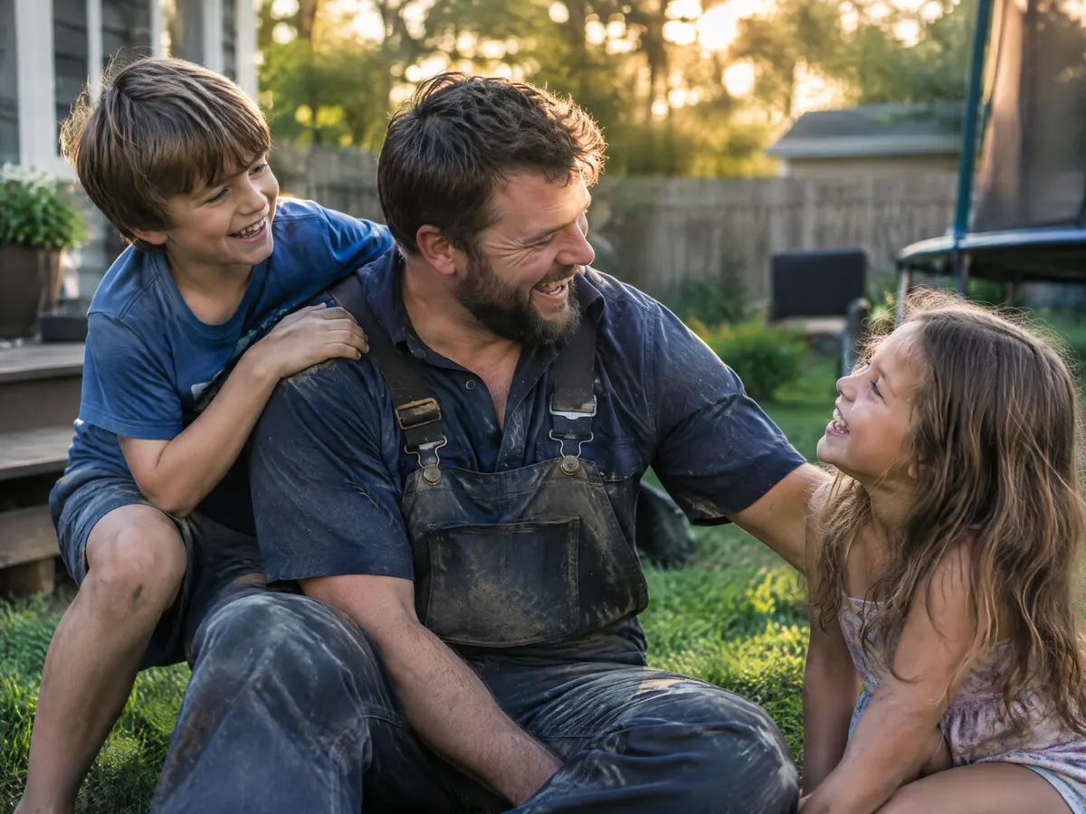 A plumber laughing with his kids in the backyard after work.