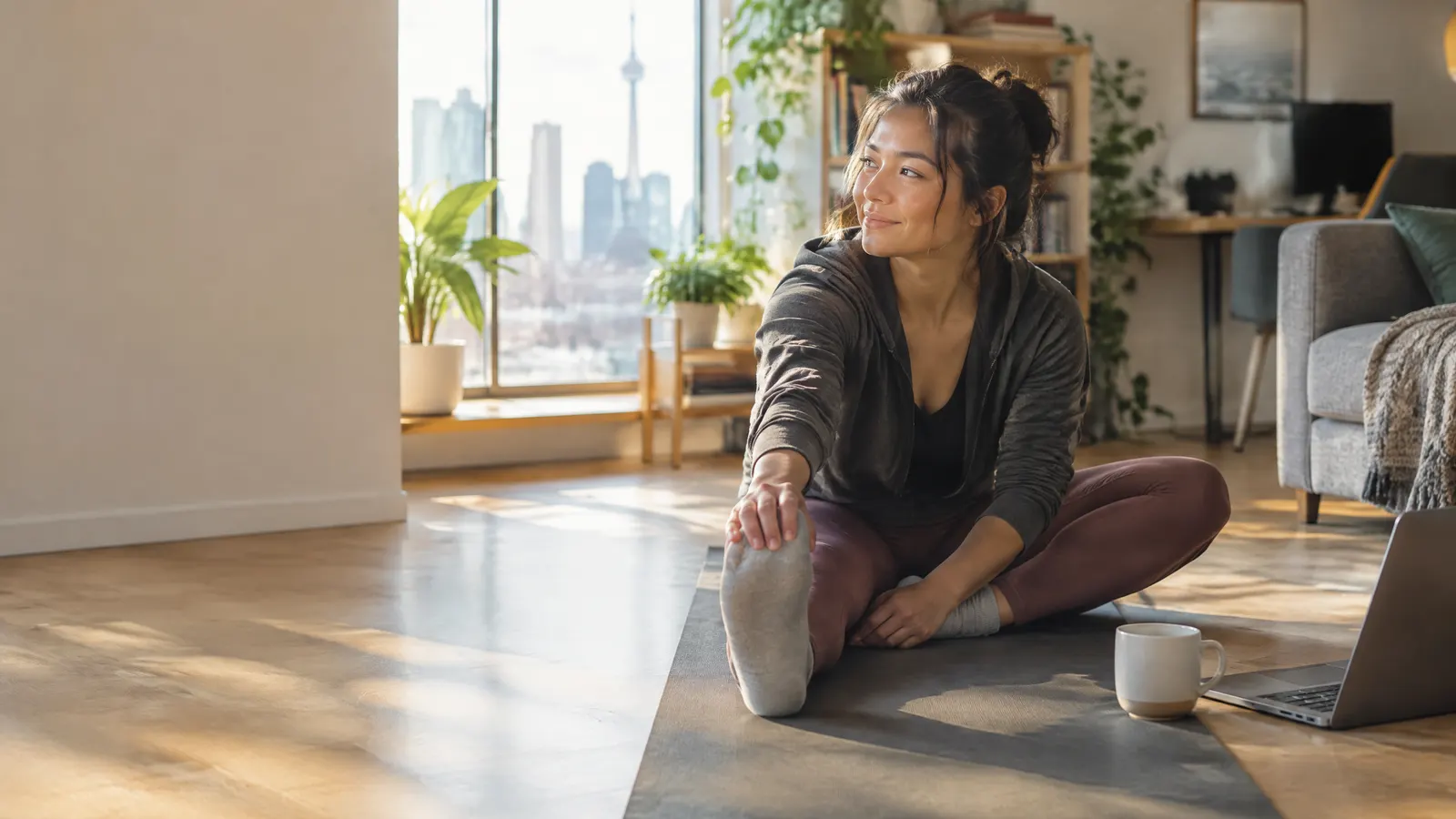 A software developer stretching on a yoga mat in a bright apartment before work.