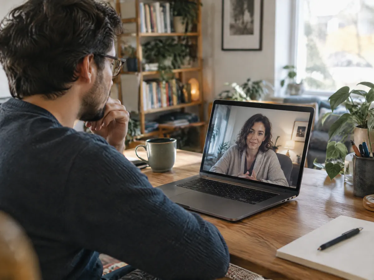 A tech worker on a video call with a counsellor from a calm home office.