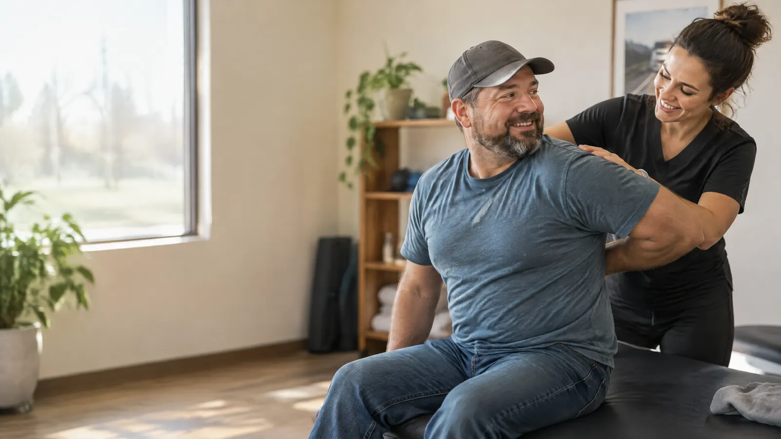 A truck driver getting a physiotherapy session for his back, smiling with the physiotherapist.