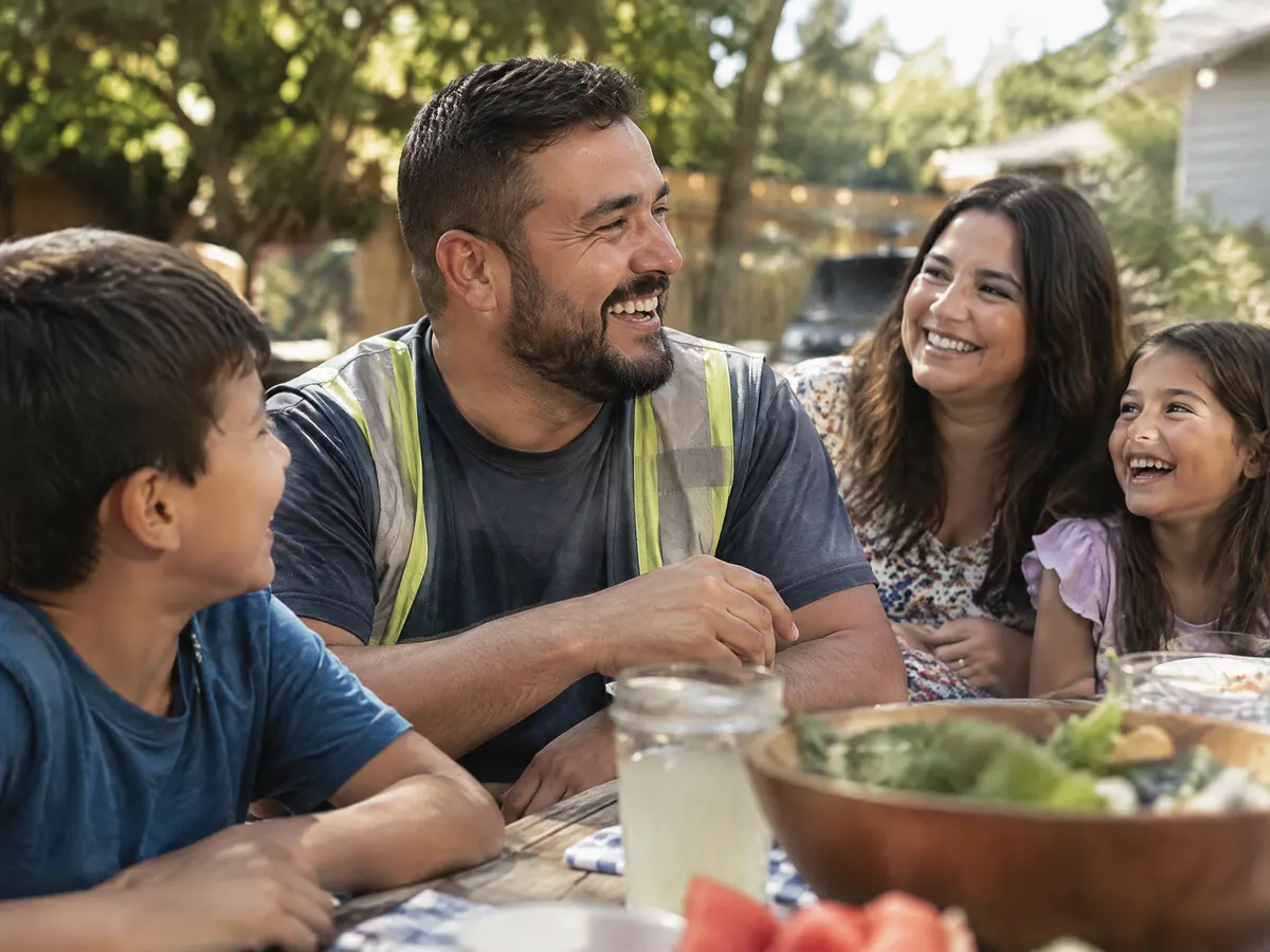 A warehouse worker laughing with family at a backyard picnic.