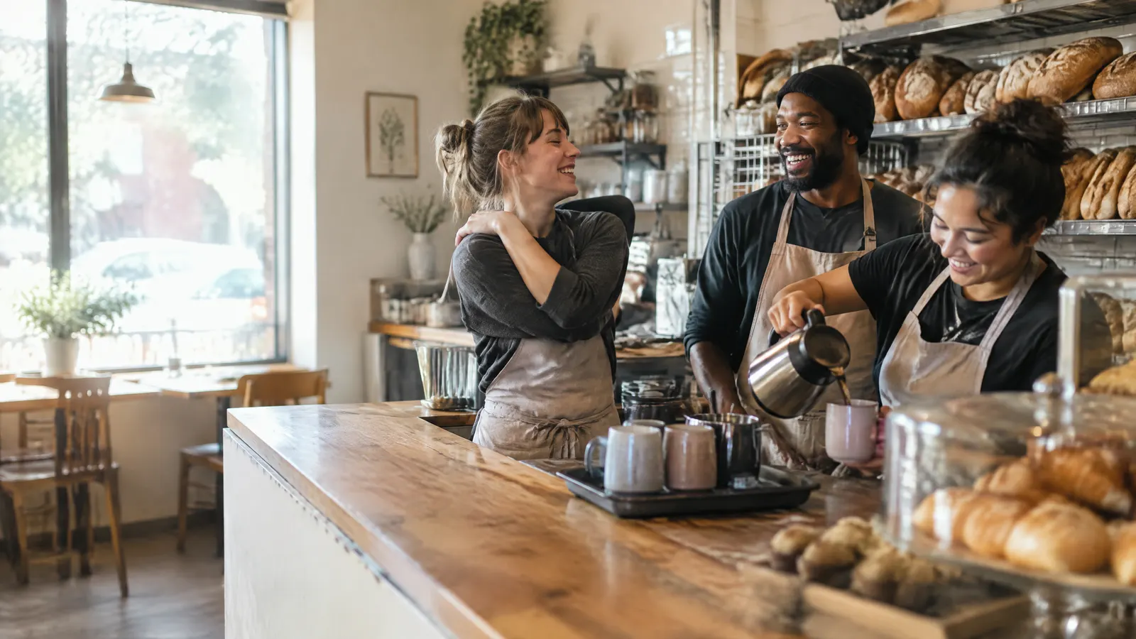 Three coworkers at a small neighbourhood bakery share a laugh behind the counter at the end of a morning shift, one stretching her shoulders while another pours coffee.