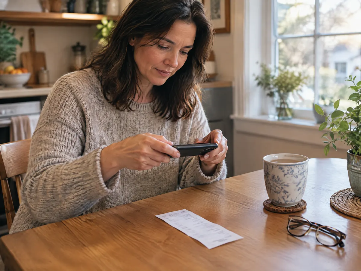 A woman in her forties sits at her kitchen table snapping a photo of a massage therapy receipt with her phone, a mug of tea and a pair of reading glasses beside her.
