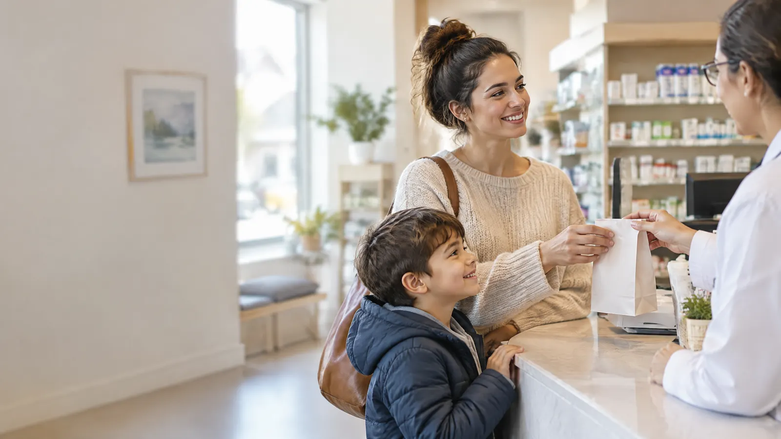 A young mother and her son standing at a neighbourhood pharmacy counter, smiling as a pharmacist hands over a small paper bag.