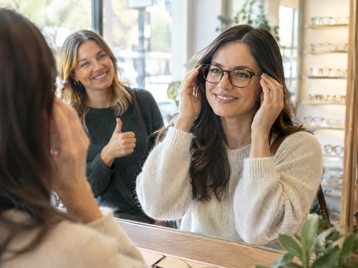 A woman in her thirties trying on new eyeglass frames in front of a mirror at a bright optical shop while a friend gives a thumbs up.