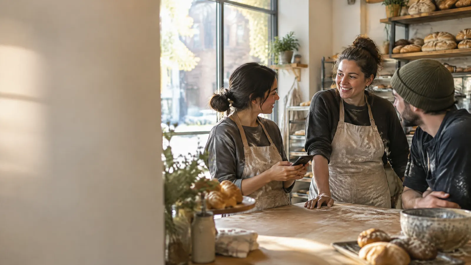 A small bakery owner chats with two employees at a sunlit counter during a quiet morning, one holding a phone as if checking a benefits app, warm natural light and flour-dusted aprons.