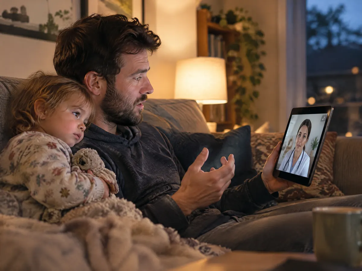 A young father on a couch in the evening talks to a doctor on a tablet video call while his toddler leans against his shoulder, soft lamp light in a cozy living room.