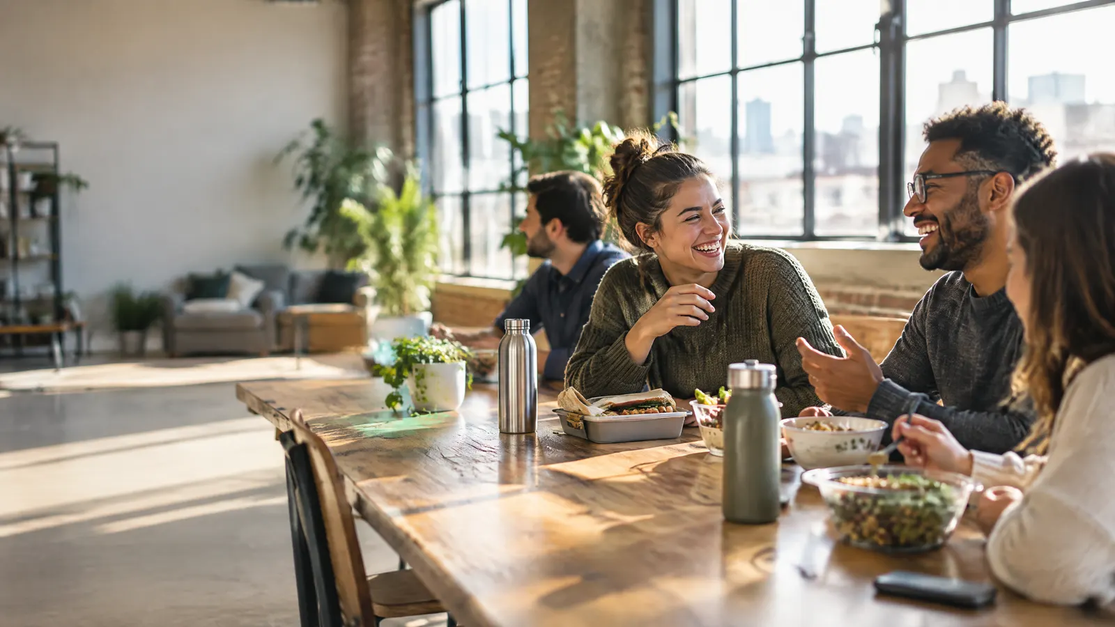 A small team of coworkers sharing lunch at a long table in a sunny loft office, two of them laughing over a story.