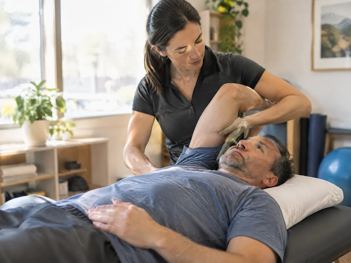 A man in his forties lying on a physiotherapy table while a physiotherapist gently stretches his shoulder in a bright clinic room.