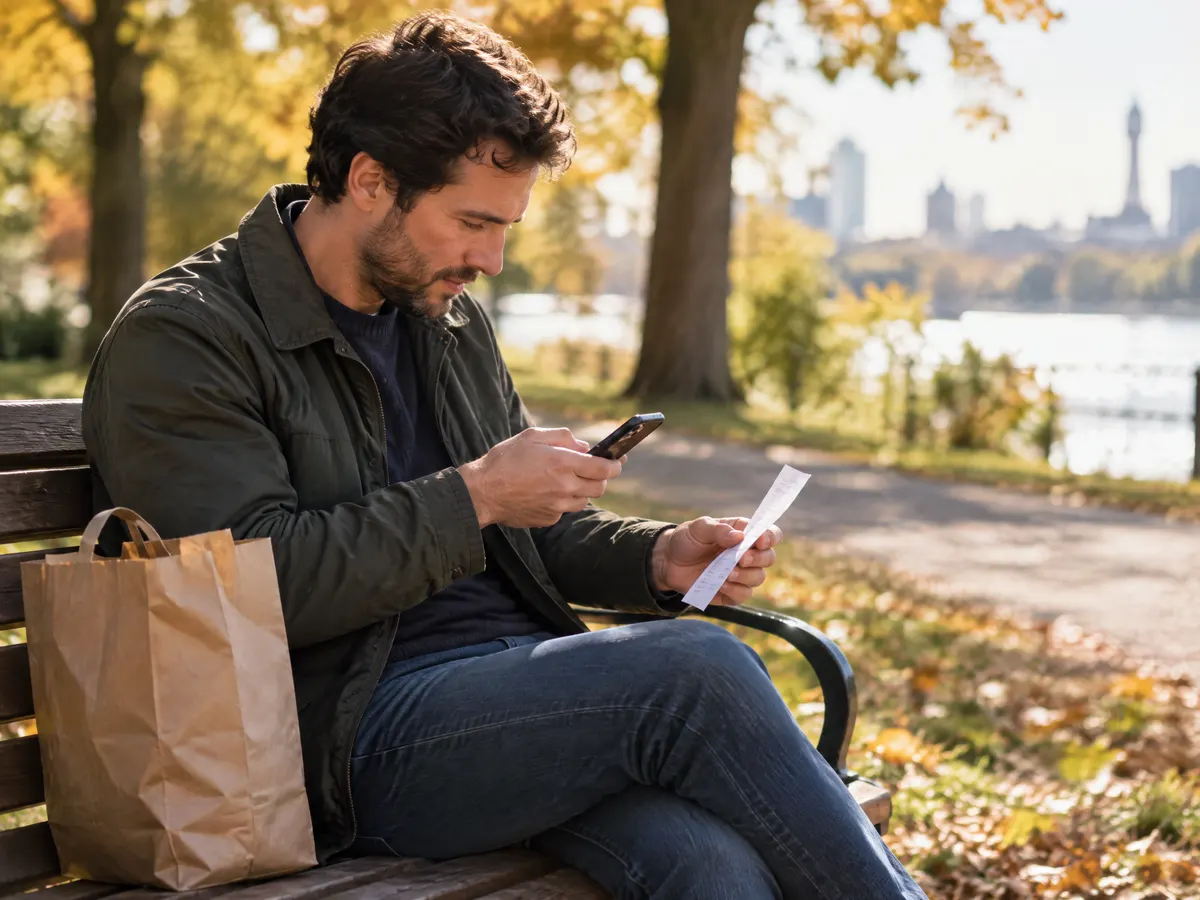A man in his thirties sits on a park bench photographing a pharmacy receipt with his phone, a paper bag from the drugstore beside him on a sunny autumn afternoon.