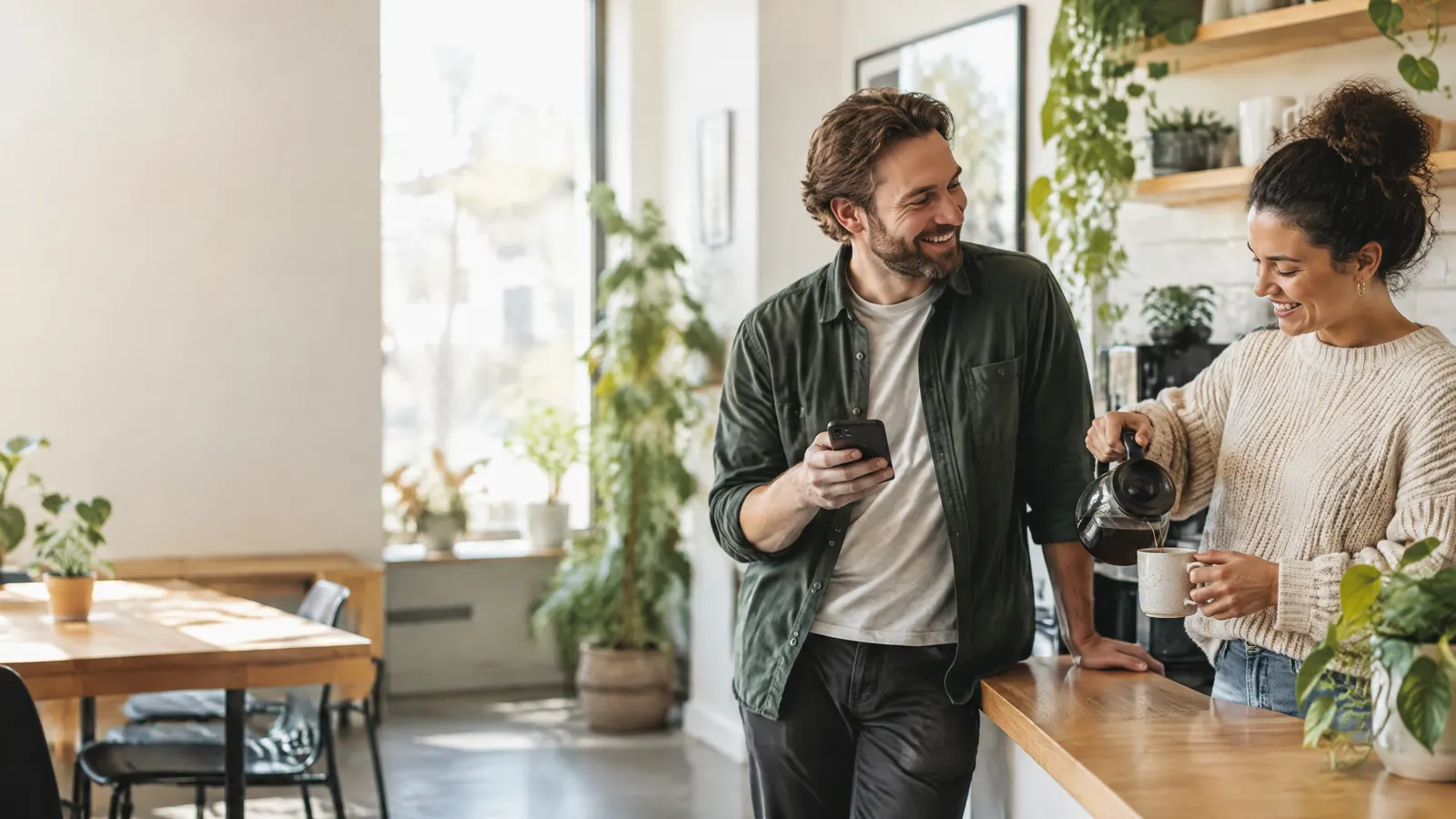 A small business owner and an employee chat in a bright, plant-filled office kitchen, one holding a phone and smiling while the other pours coffee.