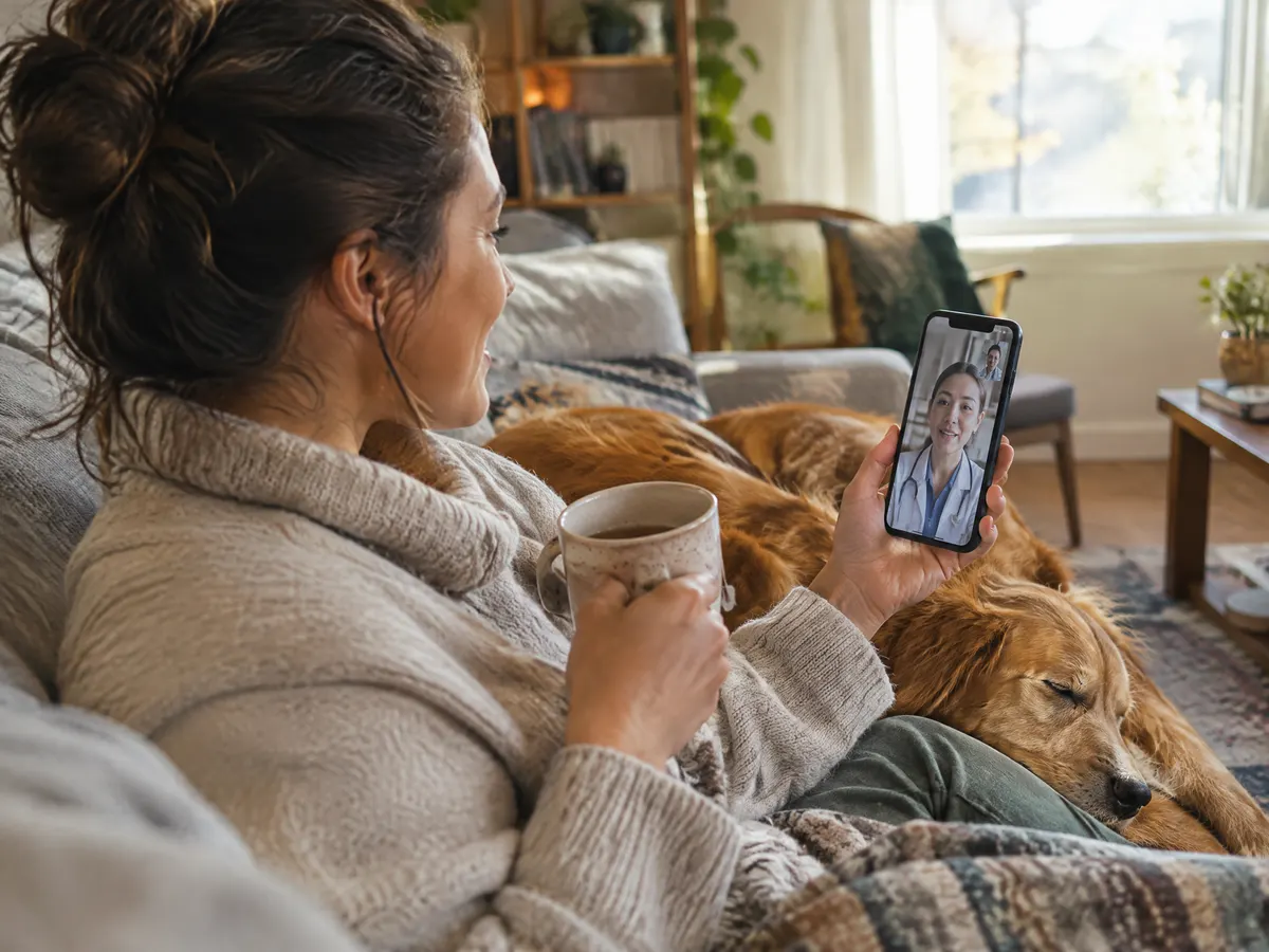 A woman sits on her living room sofa with a cup of tea, using a phone video call with a health professional while her dog naps beside her.