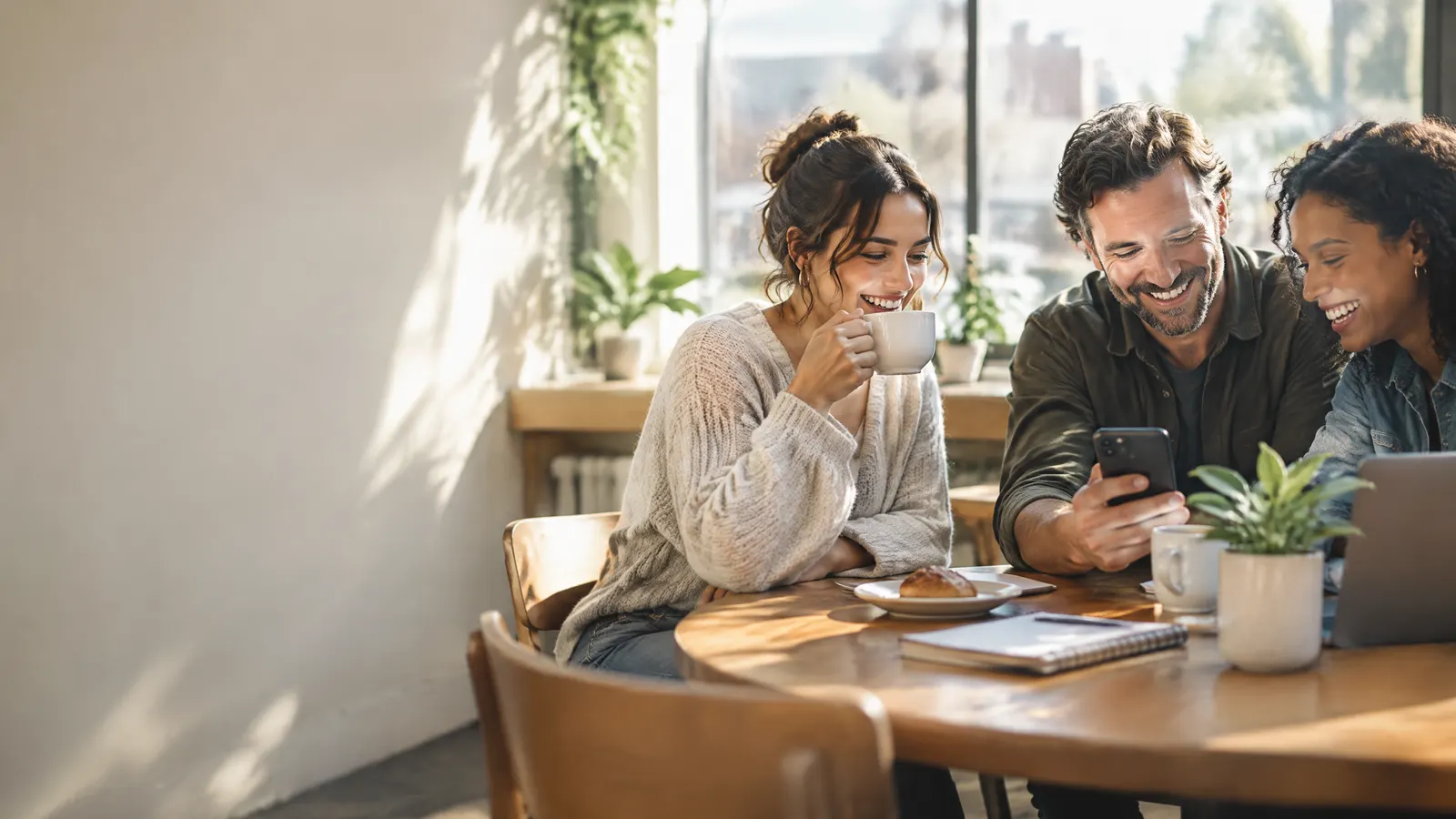 A small business owner and two employees laugh together around a sunny café-style office table, one showing something on a phone while another sips coffee.