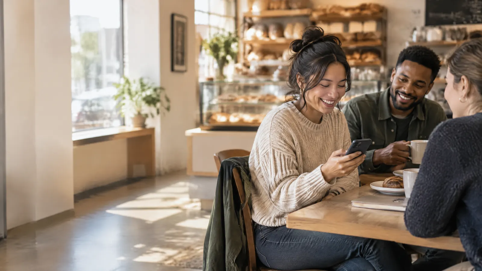 A small team at a sunny neighbourhood bakery takes a break together at a back table, one employee smiling at her phone after submitting a physiotherapy receipt.