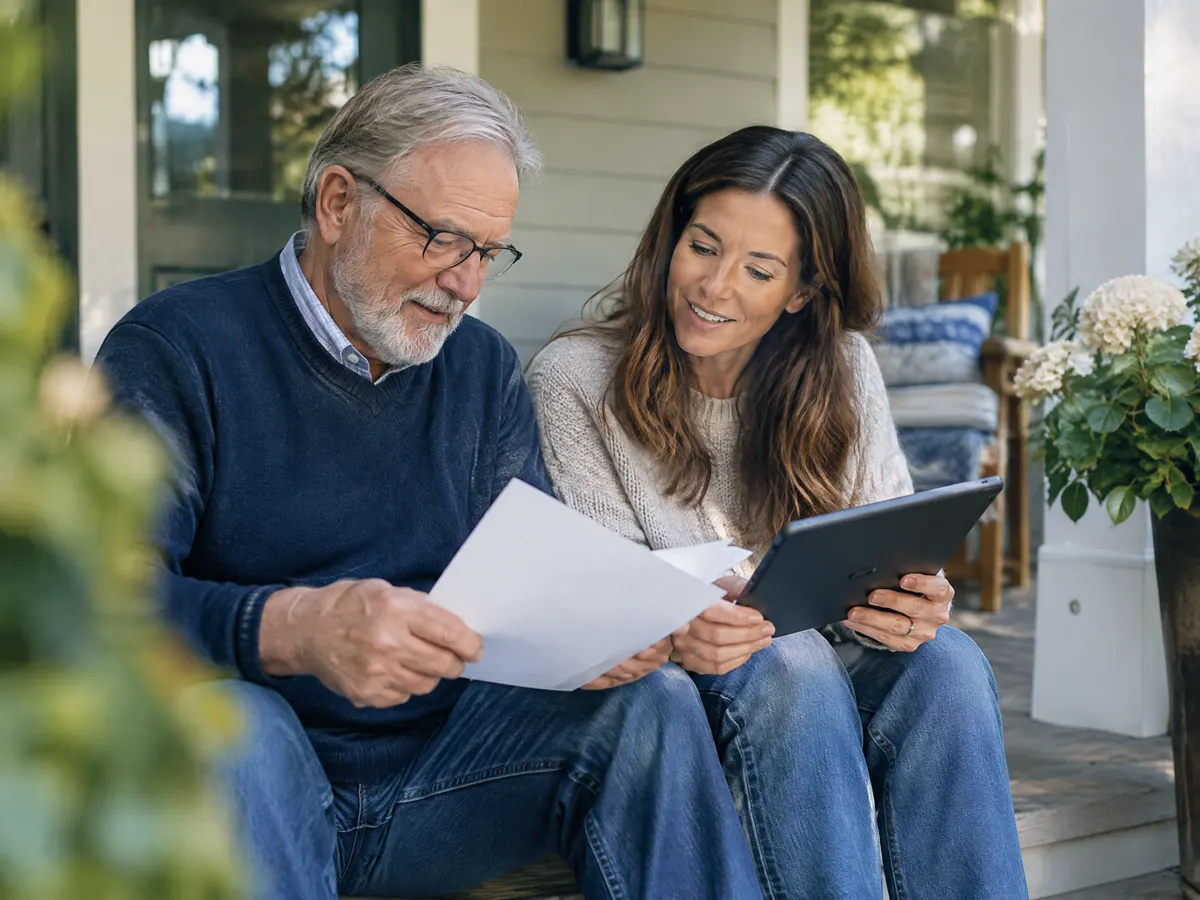 A man in his sixties sits on a front porch with his adult daughter, reviewing papers and a tablet together as he plans for life after retirement.