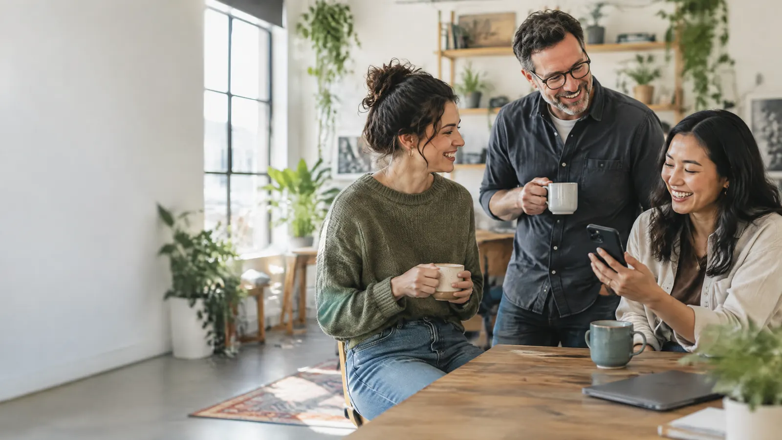 A small business owner and two employees chat over coffee in a bright, plant-filled studio office, one of them holding a phone and smiling after submitting a benefits claim.