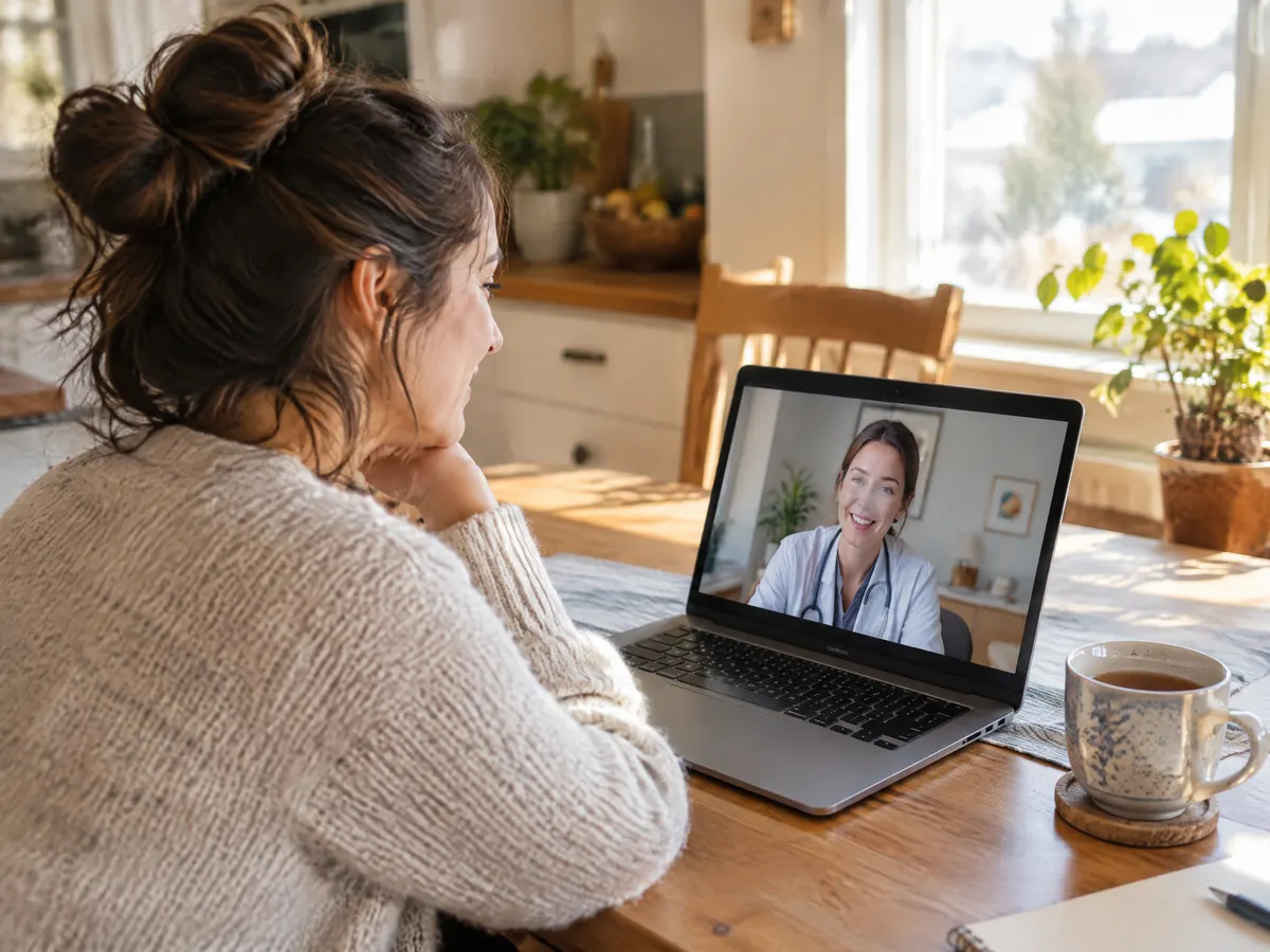 A woman in her thirties sits at her kitchen table on a laptop video call with a friendly health professional, a mug of tea beside her and morning light through the window.