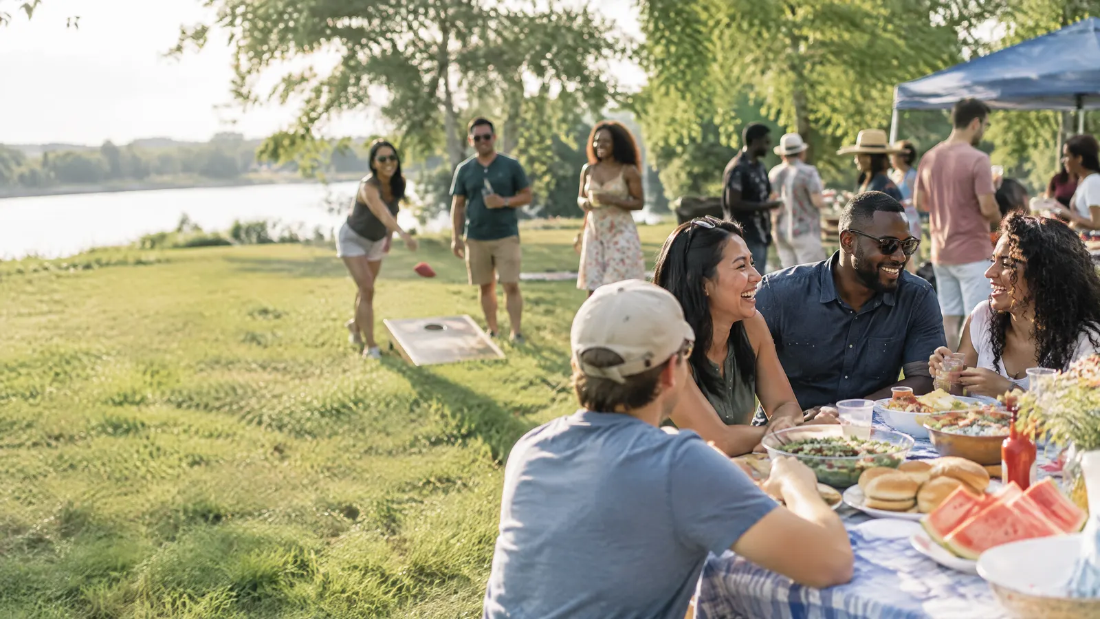 A large diverse group of employees at a summer company picnic in a park, games and food.