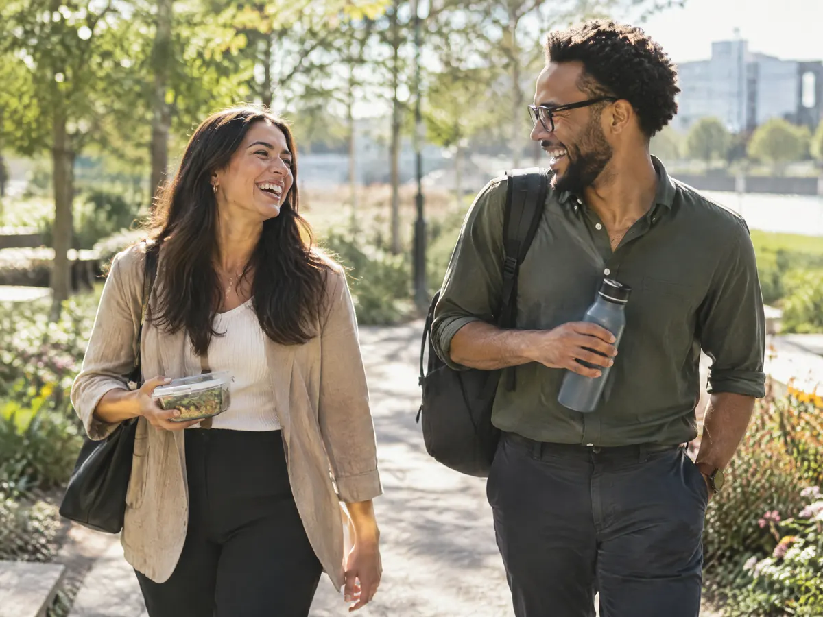Two coworkers walking on a sunny path at lunch, laughing.