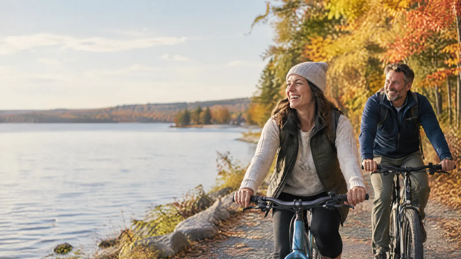 A couple in their forties cycling together on a lakeside trail, relaxed and carefree, autumn colours.