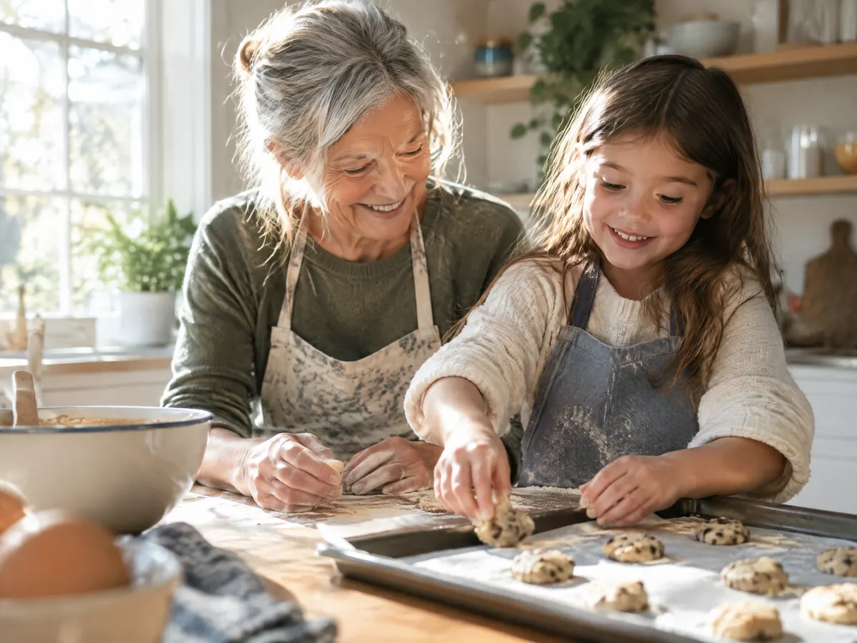 A grandmother and granddaughter baking cookies together in a sunny kitchen.