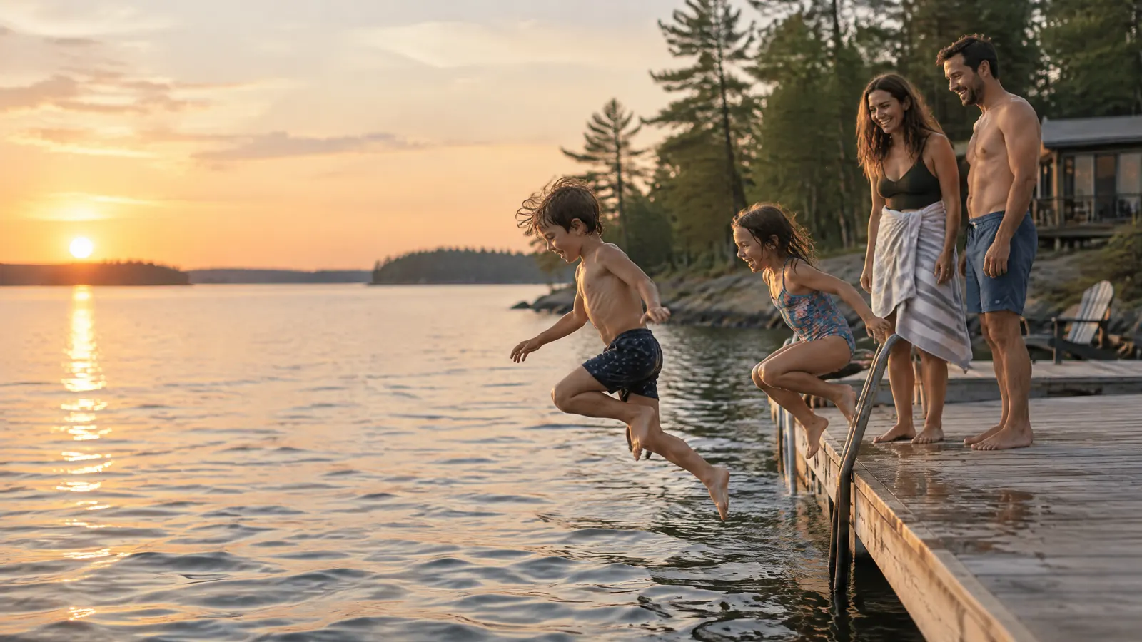 A young family on a dock at an Ontario cottage lake at sunset, the parents watching their kids jump into the water.