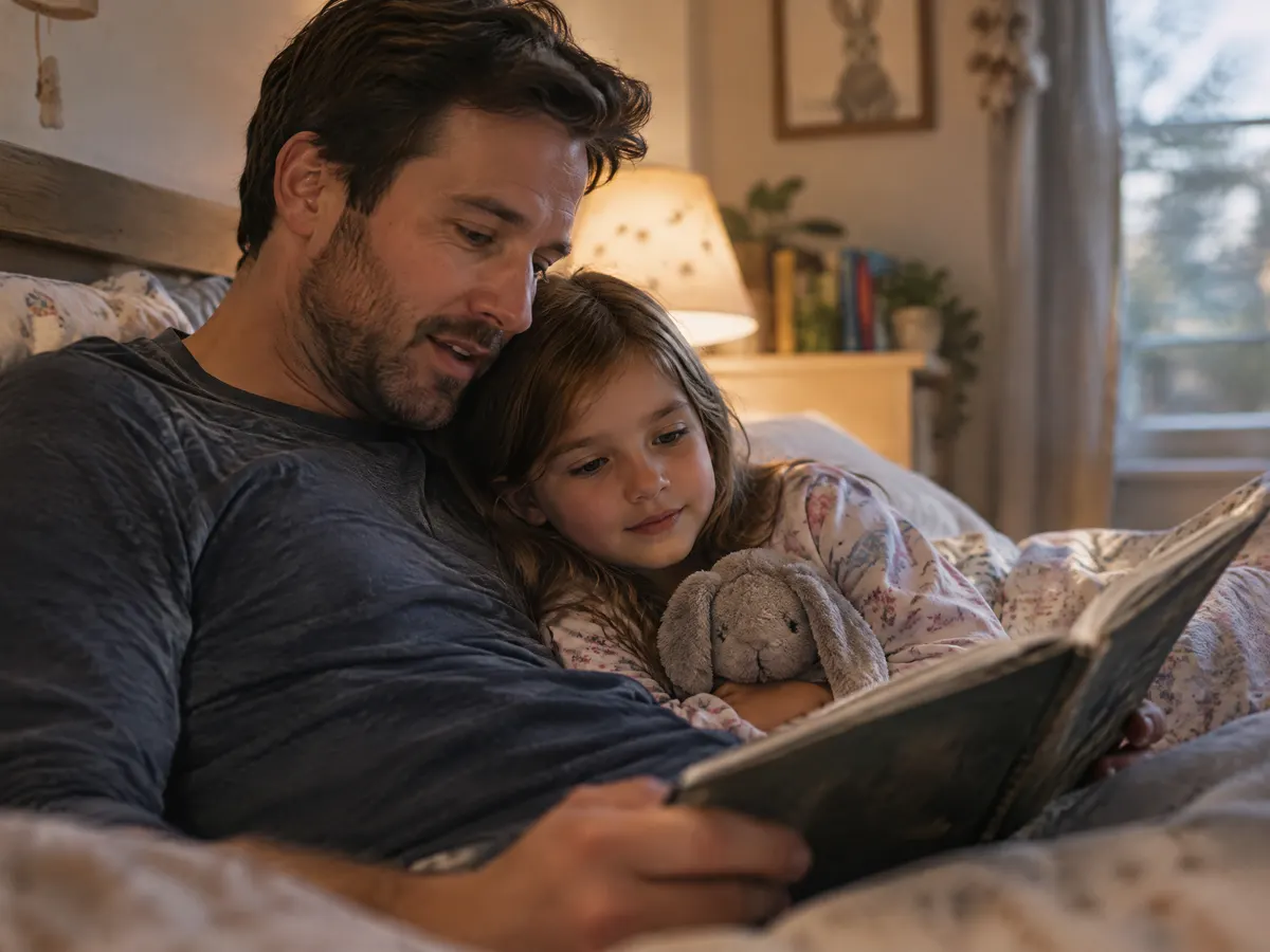 A father reading a bedtime story to his young daughter in a cozy bedroom.