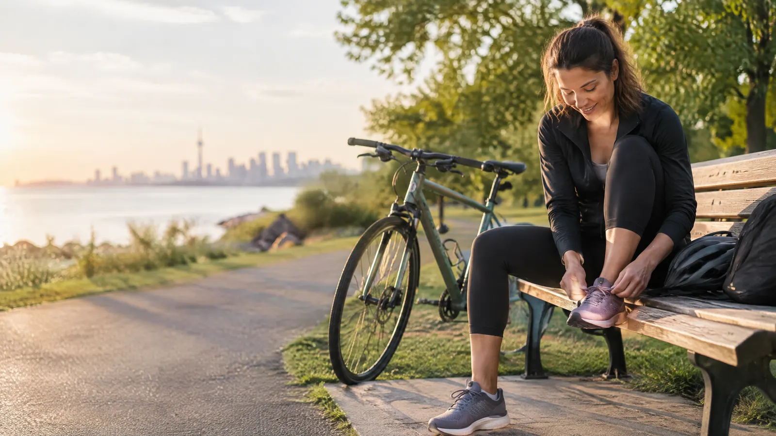 A woman in her thirties laces up new running shoes on a sunny park bench beside her bike, ready for an early evening ride.
