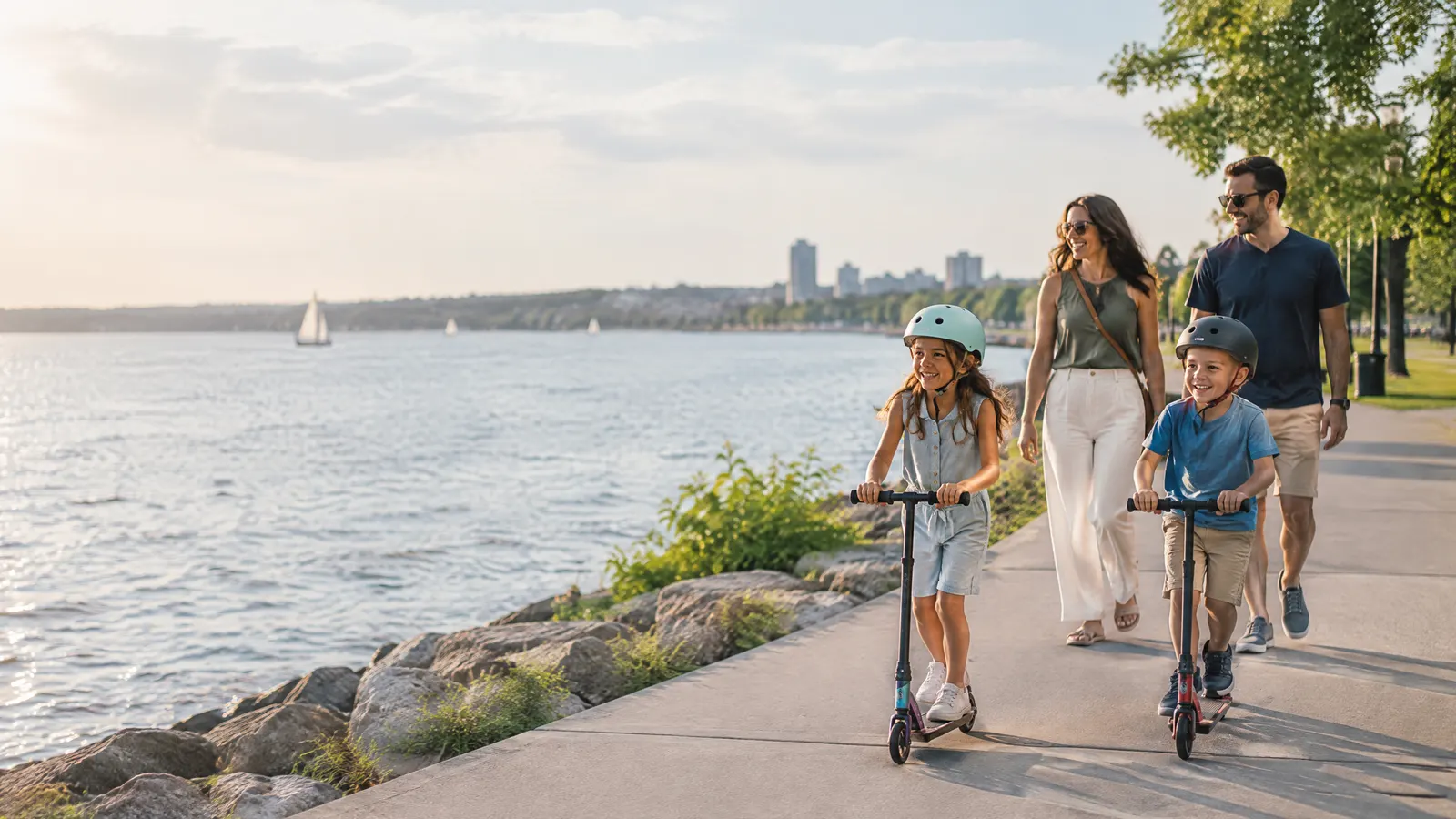A family at the Barrie waterfront on Kempenfelt Bay in summer, kids on scooters.