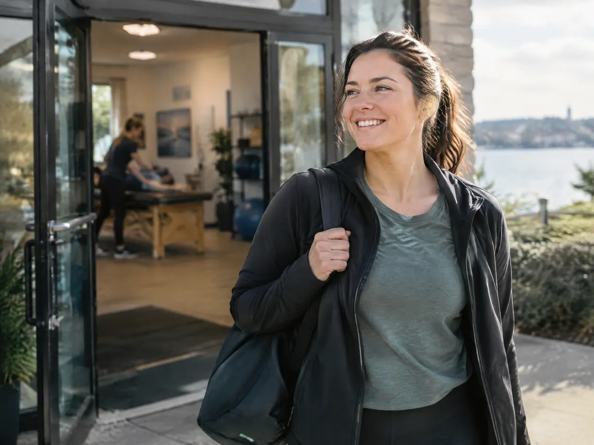 A woman leaving a physiotherapy clinic in Barrie, smiling.