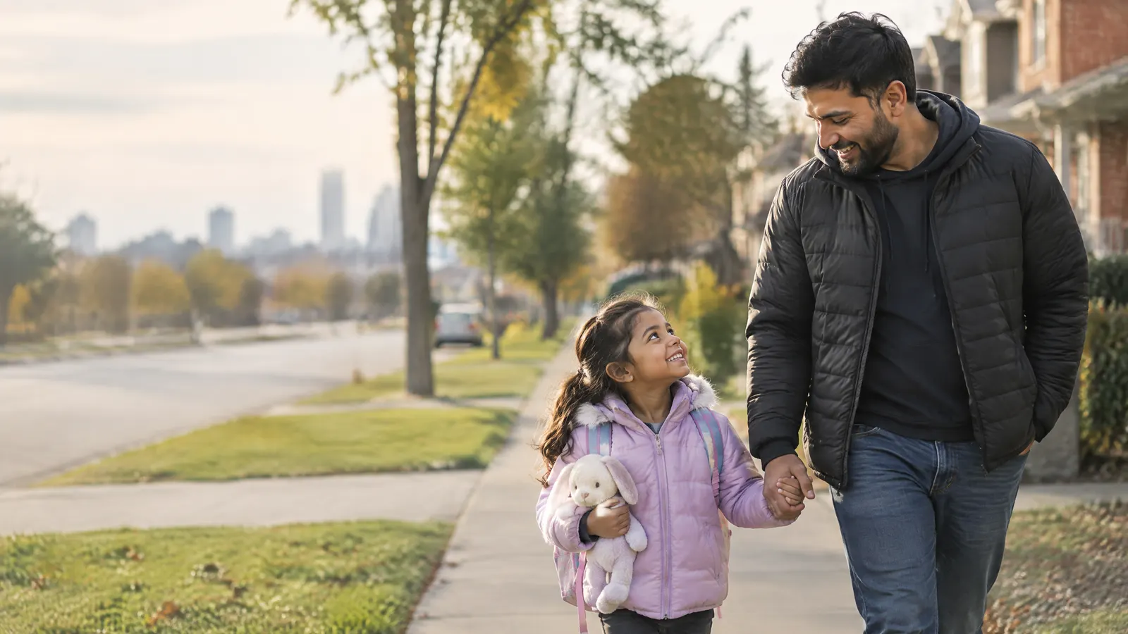 A young dad in Brampton walking his daughter home from a dental check-up, both smiling.