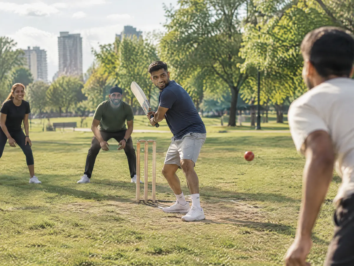 A group of friends playing cricket in a Brampton park on a sunny afternoon.