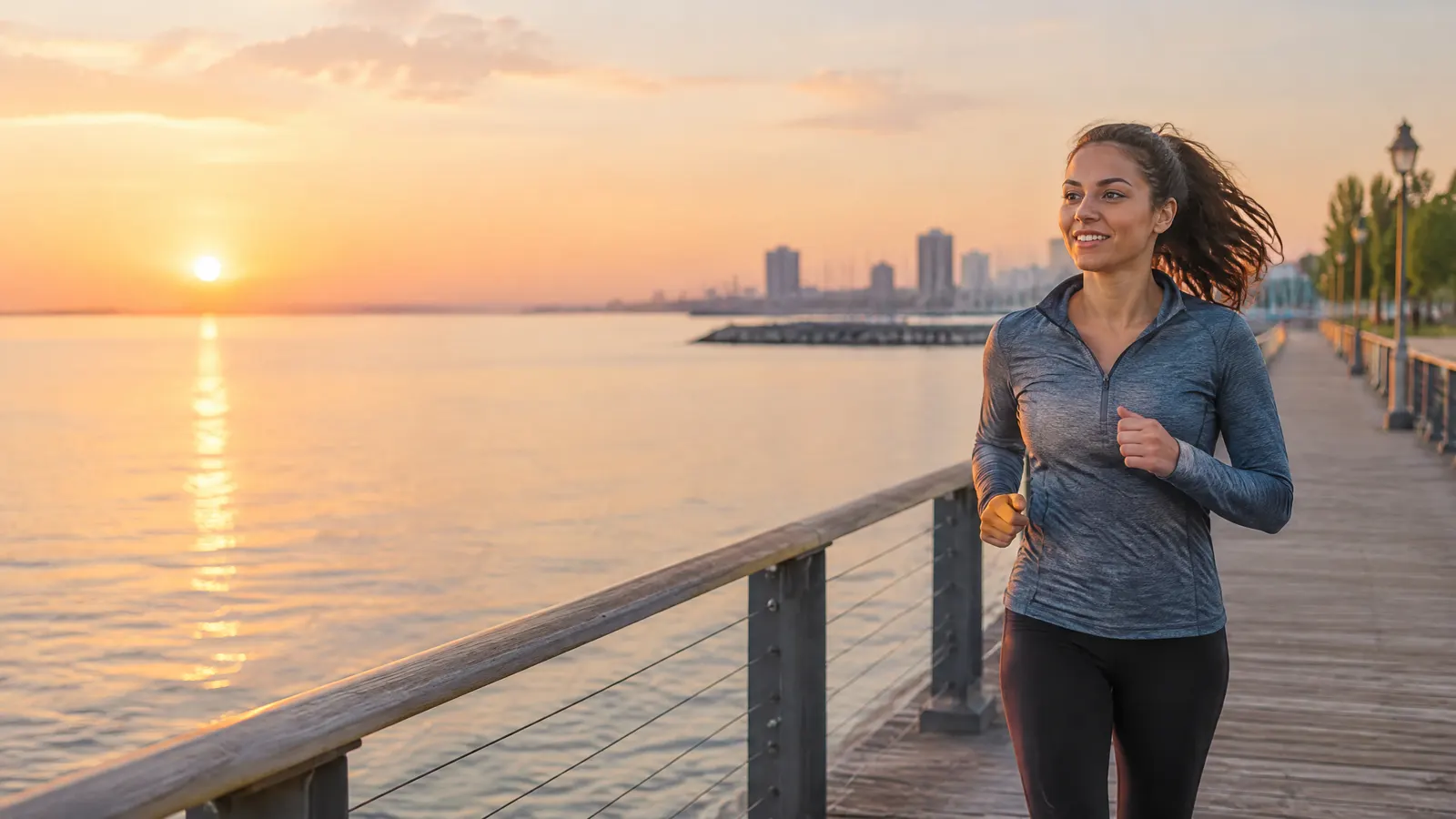 A woman jogging along the Burlington waterfront pier at sunrise.