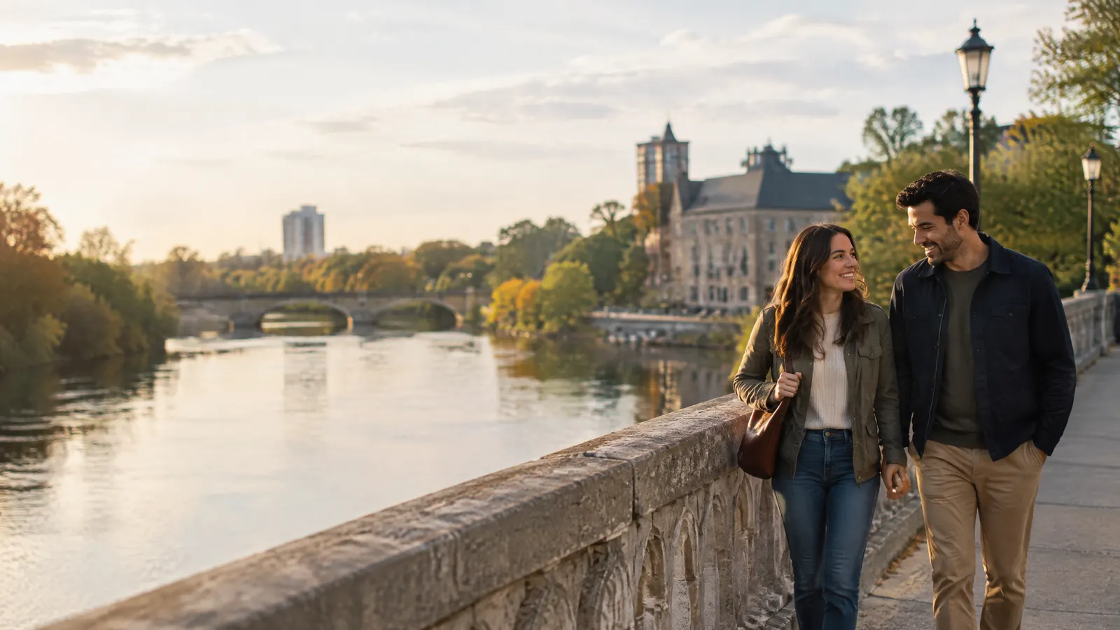 A couple walking across a historic stone bridge over the Grand River in Cambridge Ontario.