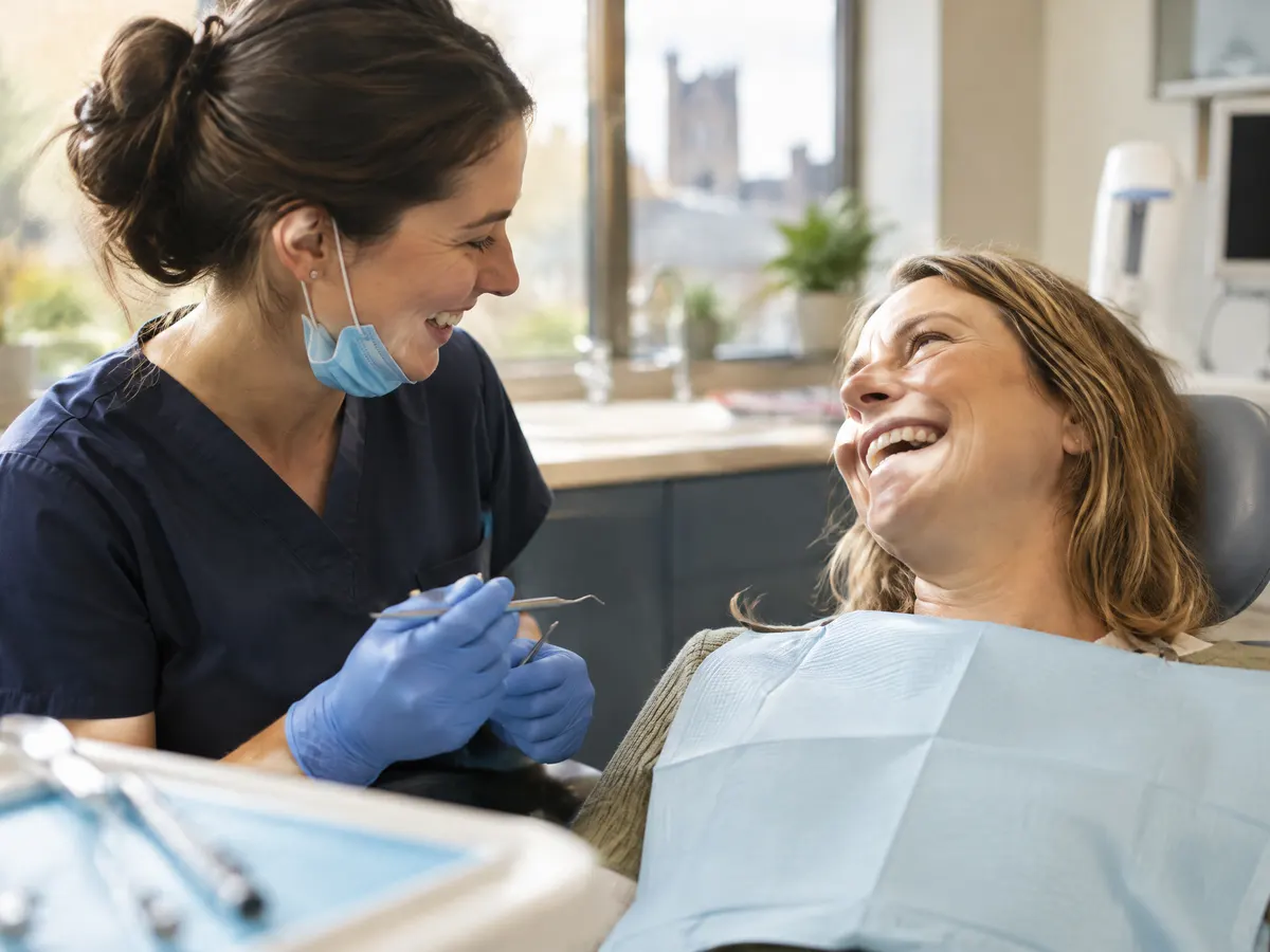 A woman at a dental check-up in Cambridge, laughing with the hygienist.