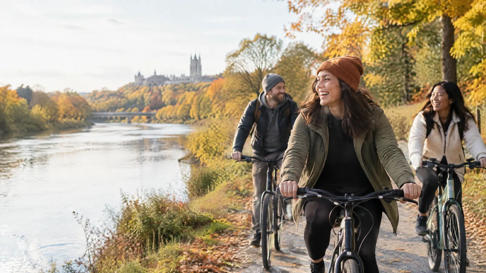Friends cycling along a riverside trail in Guelph in autumn.
