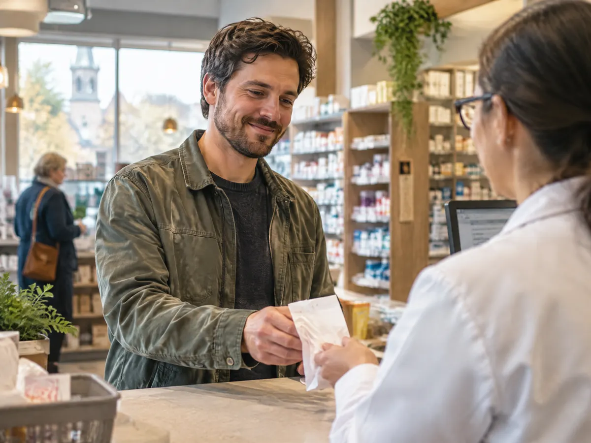 A man picking up a prescription at a friendly Guelph pharmacy.