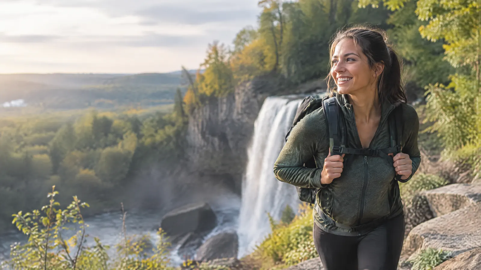A woman hiking near a waterfall on the Niagara Escarpment in Hamilton, happy and healthy.